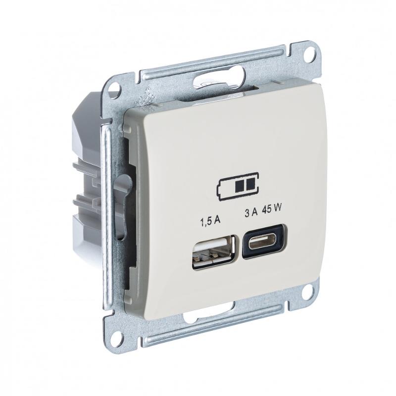 Glossa Молочный USB Розетка A + тип-C 45W высокоскор.заряд. QC PD | GSL000929 | SE — Systeme Electric
