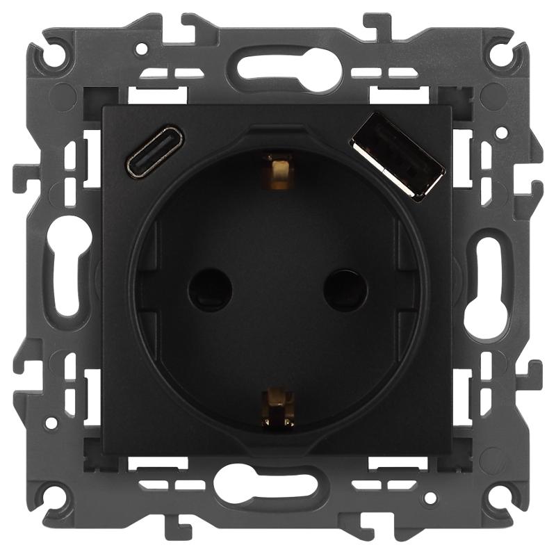 Розетка Elegance 14-4108-05 2P+E 16A-250В со шторками с USB type-A+C 5В-3А антрацит | Б0067724 | ЭРА — миниатюра 1