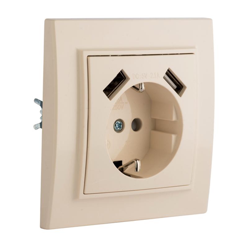 Минск Розетка 1-местная СП с/з 16А бежевая с защ. штор. с 2 USB 2,1А | ERR16-028-200-2USB | EKF — миниатюра 6