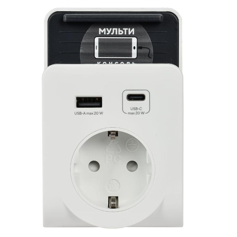 Адаптер Т-03/01 1 место 2P+PE 16А 2хUSB A+C 20Вт бел. | WTP11-16-01-1A1C-ZU-K01 | IEK — миниатюра 2