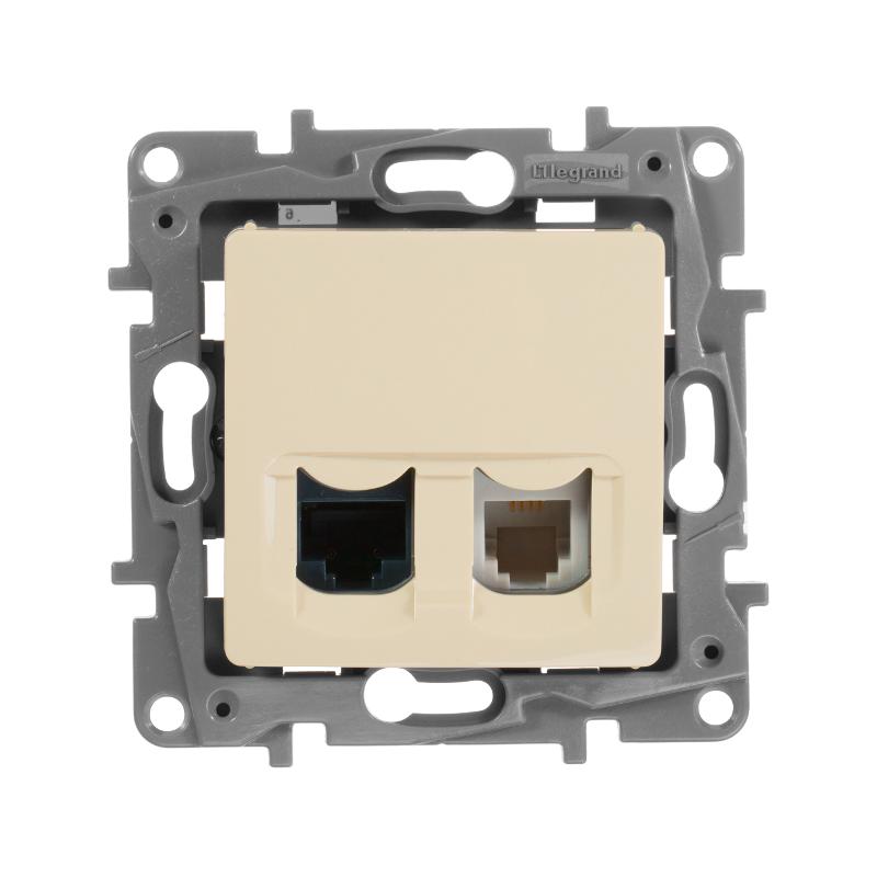 Etika Слоновая кость Розетка телефонная + компьютерная (RJ11+RJ45) 5 кат. UTP — миниатюра 2