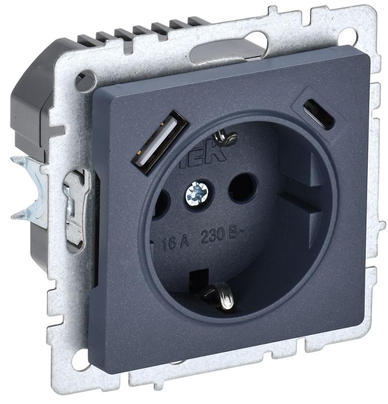 BRITE Розетка с заземлением со шторками 16А с USB A+C 18Вт РЮш11-1-БрМ маренго | BR-R14-16-U22-018-K35 | IEK — миниатюра 1