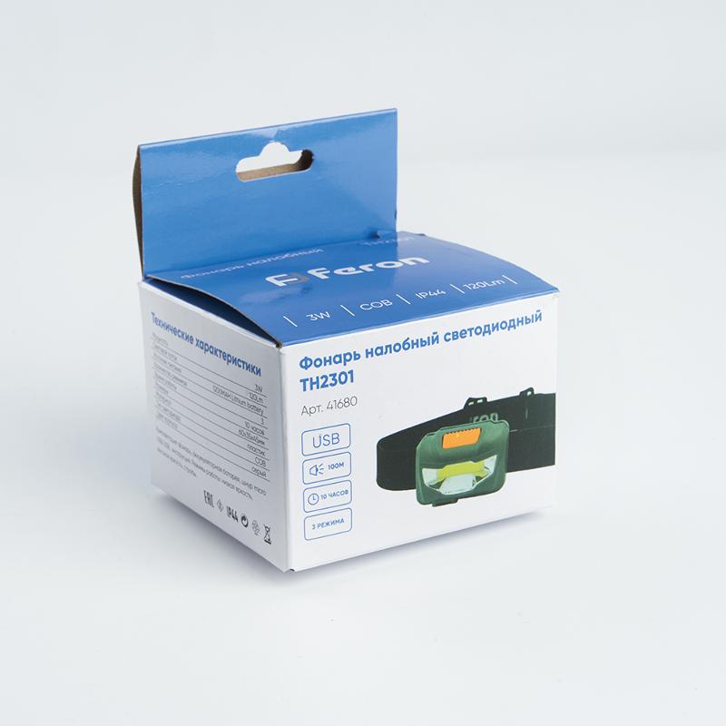 Фонарь налобный светодиодный аккумуляторный 3W 1COB, USB IP44, пластик, TH2301 | 41680 | FERON — миниатюра 5