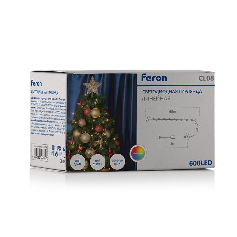 Гирлянда-нить CL08  600 диодов  мульти, 60м + 3м зеленый шнур, IP44 | 26784 | FERON — миниатюра 4