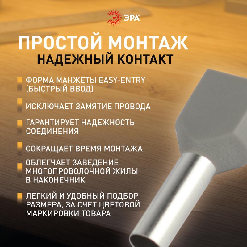 Наконечник-гильза ЭРА NO-225-105 (двойной) НШвИ(2) 4,0-12 с изолированным фланцем (упаковка 50 шт.)  | Б0063314 | ЭРА — миниатюра 2