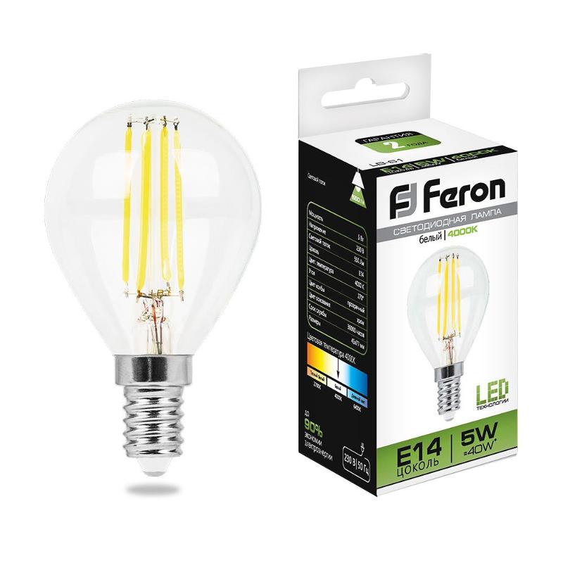 Лампа светодиодная LB-61 (5W) 230V E14 4000K филамент G45 прозрачная | 25579 | FERON — миниатюра 2
