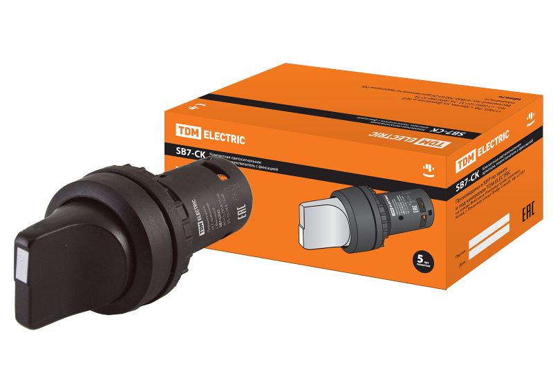 Переключатель на 2 положения с фиксацией SB7-CD25 короткая ручка d22мм 1з+1р черный | SQ0746-0071 | TDM — фото 1 | Sento