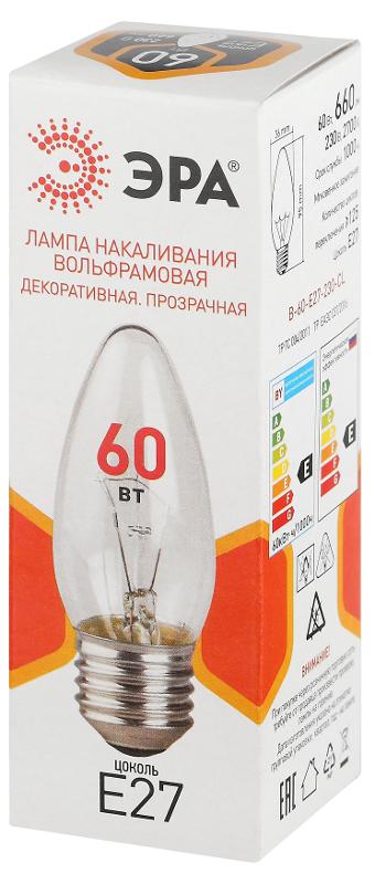 Лампа накаливания  B36 60Вт Е27 / E27 230В  свечка прозрачная | Б0066524 | ЭРА — миниатюра 2