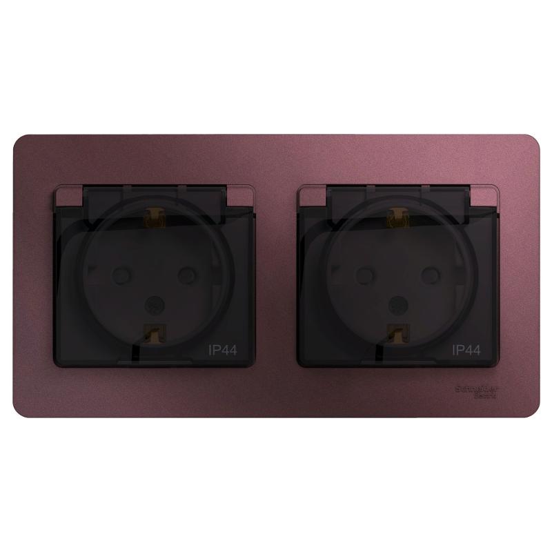 Glossa Баклажановый Розетка 2-ая с з/к, со шторками (в сборе), IP44 | GSL001147 | SE — Systeme Electric