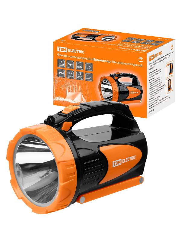 Фонарь светодиод. "Прожектор 14", аккумуляторный, 5 Вт LED+21 SMD, 1150 лм, SLA 2,5 А*ч, 230 В, | SQ0350-0103 | TDM — фото 1 | Sento