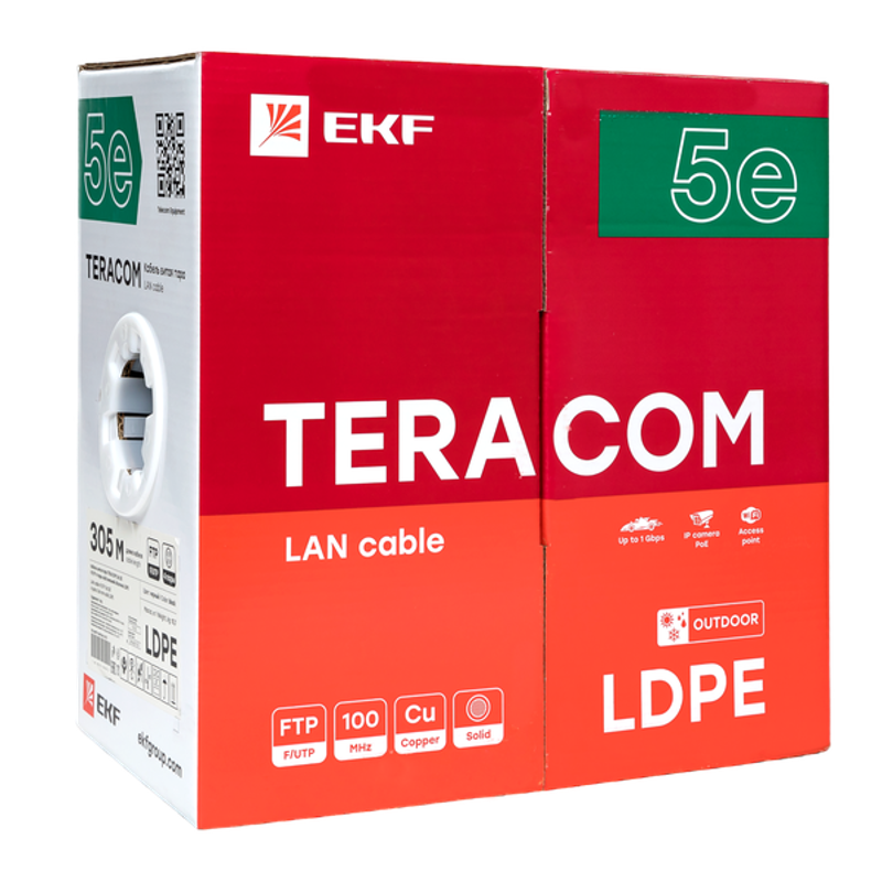 Кабель витая пара TERACOM Cat.5E F/UTP 4 пары solid внешний цвет черный упак. 305м | TRC-5EFTP-04PE-BK-OUT3 | EKF — миниатюра 15