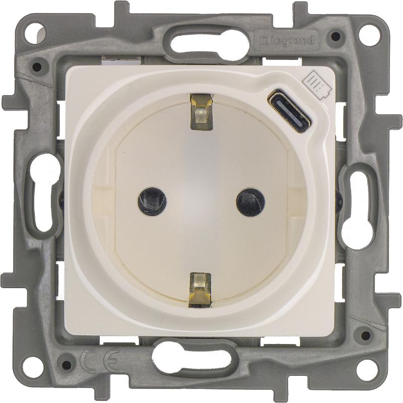 Розетка с заземлением с USB тип C - Legrand Etika - со шторками 16А 250В 1500мА 7,5Вт безвинтовые зажимы - белый — миниатюра 7