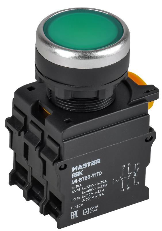 Кнопка с подсвет. и фикс. d=22мм 1NO+1NC зелёная MASTER | MI-BT60-11TD-3-11-K06 | IEK — IEK (ИЭК)