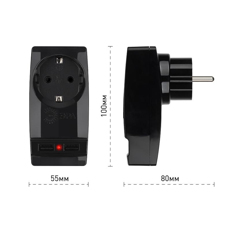 Адаптер SP-1e-USB-B "Polynom" 1гн 220V + 2xUSB 2100mA, c заземл, (черный) | Б0026333 | ЭРА — миниатюра 3