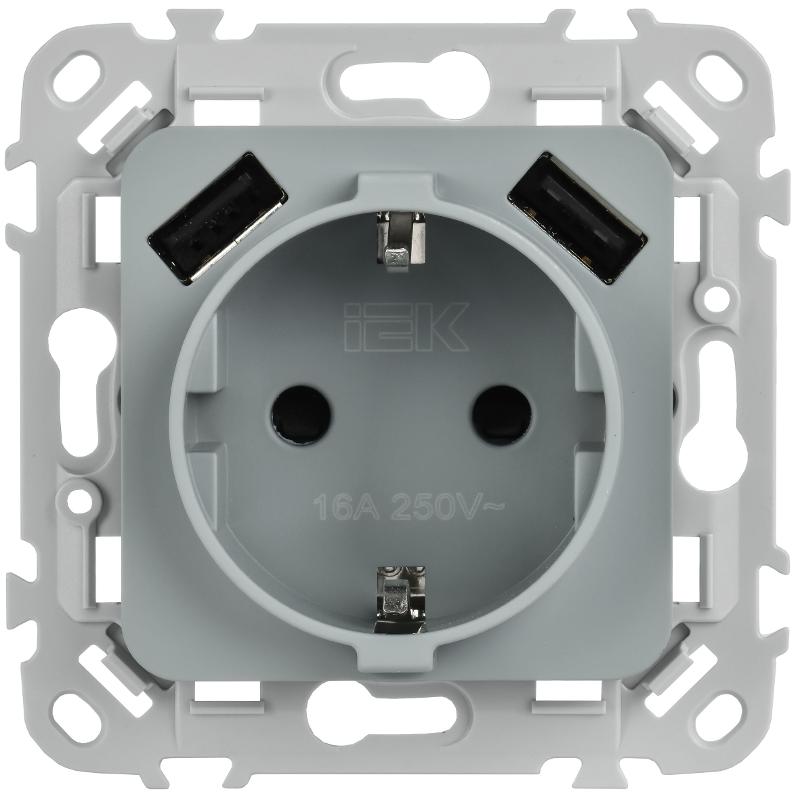 FLITE Розетка с заземлением со шторками 16А с USB A+A 3,1А быстрозажимные клеммы РСЮша11-1-ФлС серый | FI-R14-16-1-U21-D31-K03 | IEK — миниатюра 2