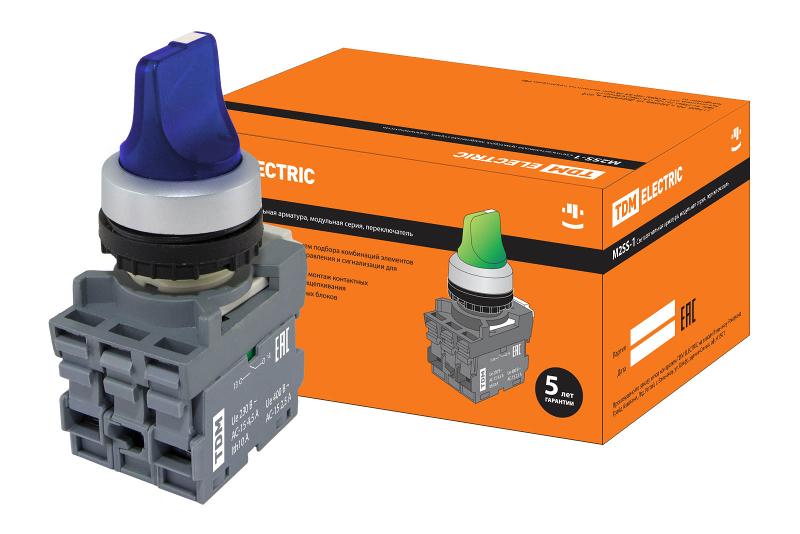 Переключатель на 2 положения с фиксацией M2SS1-21L короткая ручка(LED) d22мм/220B 1з+1р синий | SQ0747-0073 | TDM — TDM ELECTRIC
