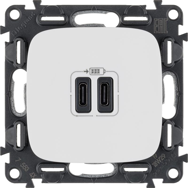 Valena ALLURE Белый Зарядное устройство с 2-мя USB-разьемами тип С-тип С 240В/5В 3000мА С лицевой панелью — миниатюра 3