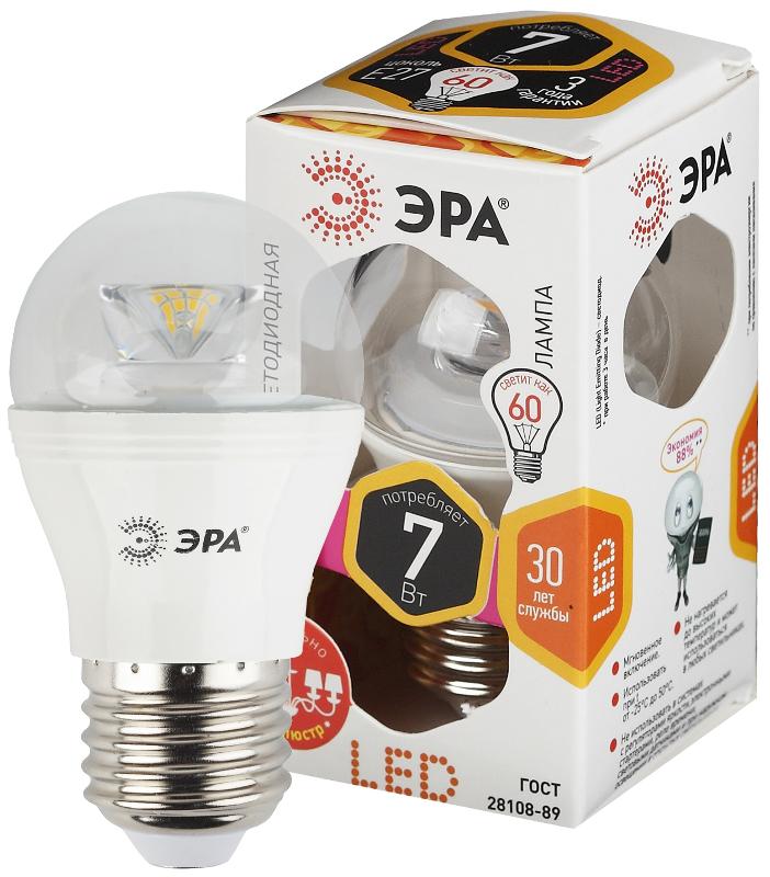 Лампа светодиодная LED P45-7W-827-E27-Clear (диод,шар,7Вт,тепл,E27) | Б0017243 | ЭРА — миниатюра 1
