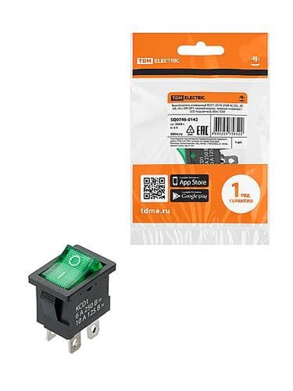 KCD1-201N 250В AC/DC, 2P, 6А, (4с), ON-OFF, черный корпус, зеленая клавиша, с LED подсв., Mini | SQ0746-0142 | TDM — TDM ELECTRIC
