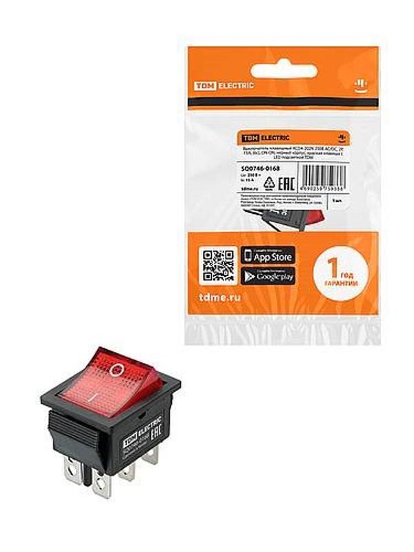 KCD4-202N 250В AC/DC, 2P, 15А, (6с), ON-ON, черный корпус, красная клавиша, LED | SQ0746-0168 | TDM — TDM ELECTRIC