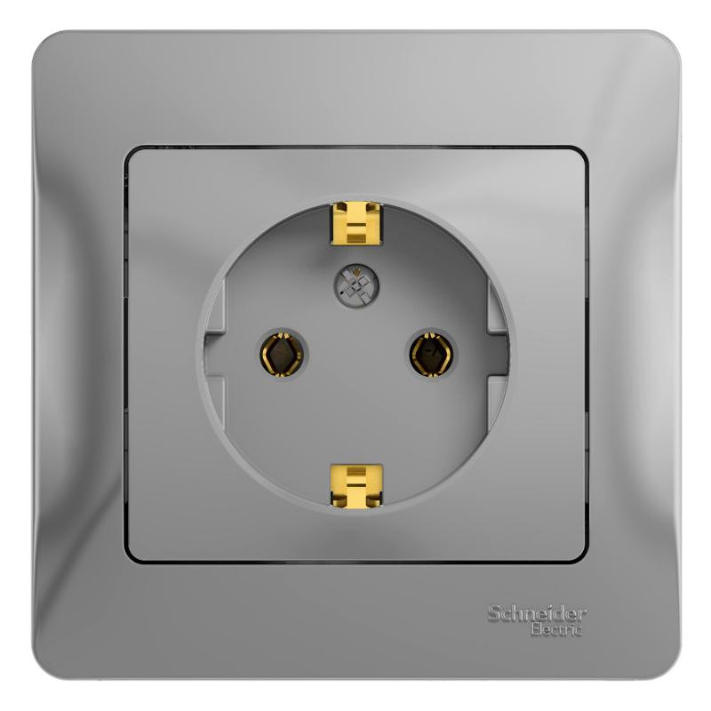 Glossa Алюминий Розетка с заземлением (в сборе с рамкой) | GSL000342 | SE — Systeme Electric