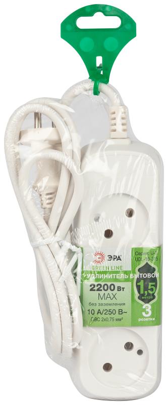 Удлинитель электрический ЭРА UDL-10-315 Greenline 3 розетки без заземления 1,5м ПВС 2x0.75мм2  | Б0065048 | ЭРА — миниатюра 3