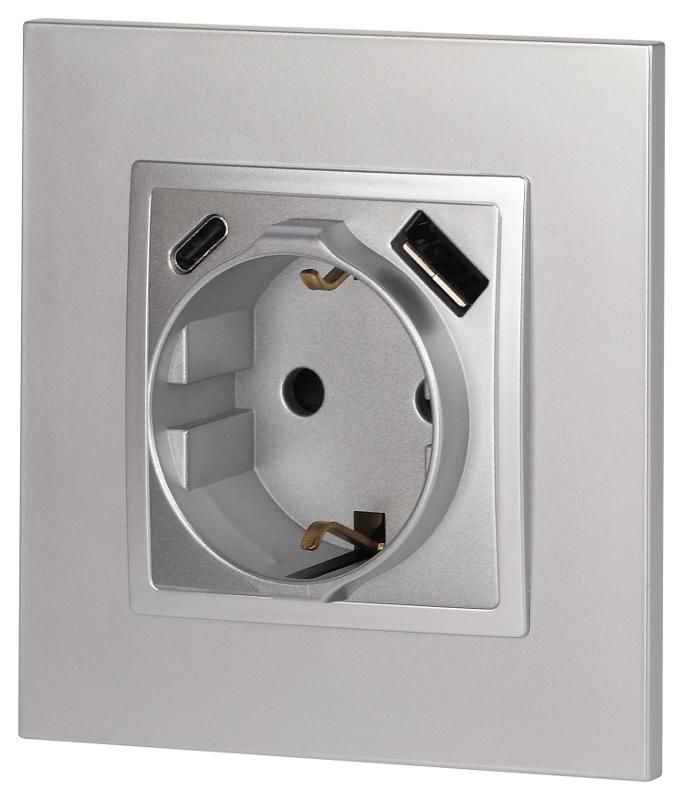 Розетка Elegance 14-4108-03 2P+E 16A-250В со шторками с USB type-A+C 5В-3А алюминий | Б0067741 | ЭРА — миниатюра 2