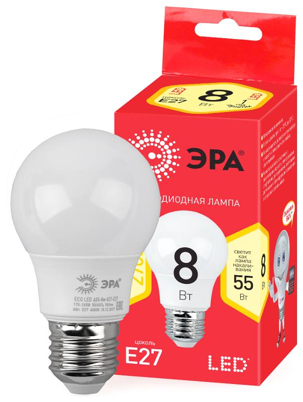 Лампа светодиодная ECO LED A55-8W-827-E27 Лампы СВЕТОДИОДНЫЕ ЭКО ЭРА (диод, груша, 8Вт, тепл, E27) | Б0032095 | ЭРА — миниатюра 1