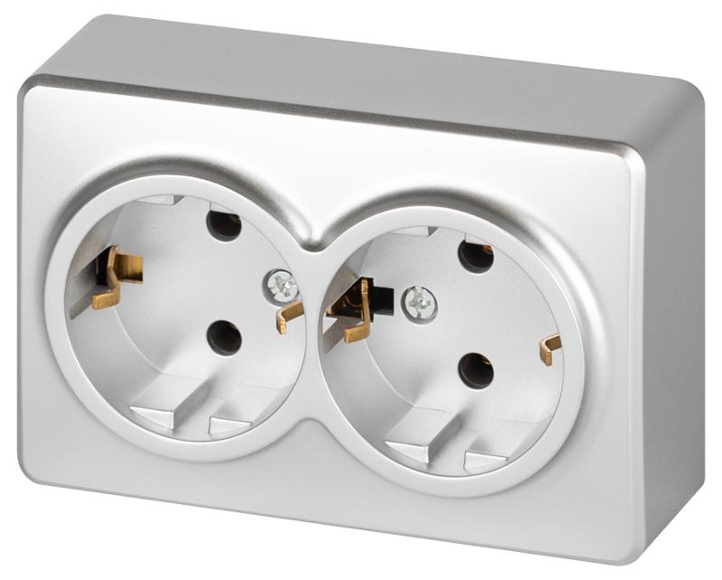 Розетка ЭРА Эксперт 11-2205-03 двойная с заземлением 2х2P+E Schuko IP20 16A-250В ОУ Алюминий | Б0063046 | ЭРА — миниатюра 1