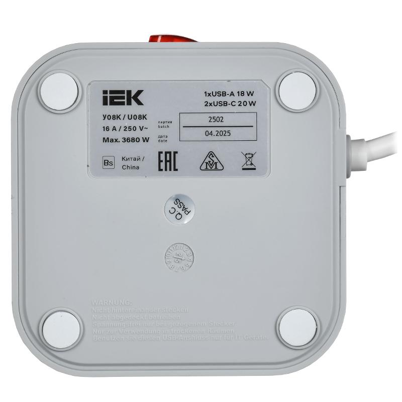 DOMINIC Удлинитель У08K 1,5м 3х1мм2 USB A+C 20Вт сер | DN-YP30-16-08-01-ZKU-K41 | IEK — миниатюра 5