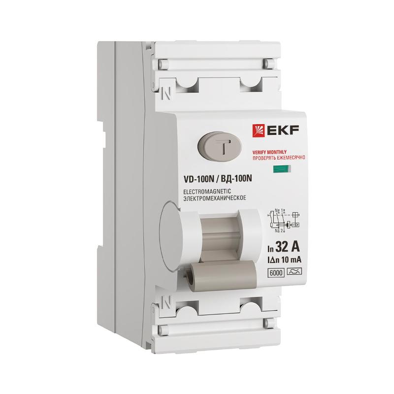 Выключатель дифференциального тока ВД-100N 2P 32А 10мА тип A эл-мех 6кА PROXIMA EKF | E1026MA3210 | EKF — EKF