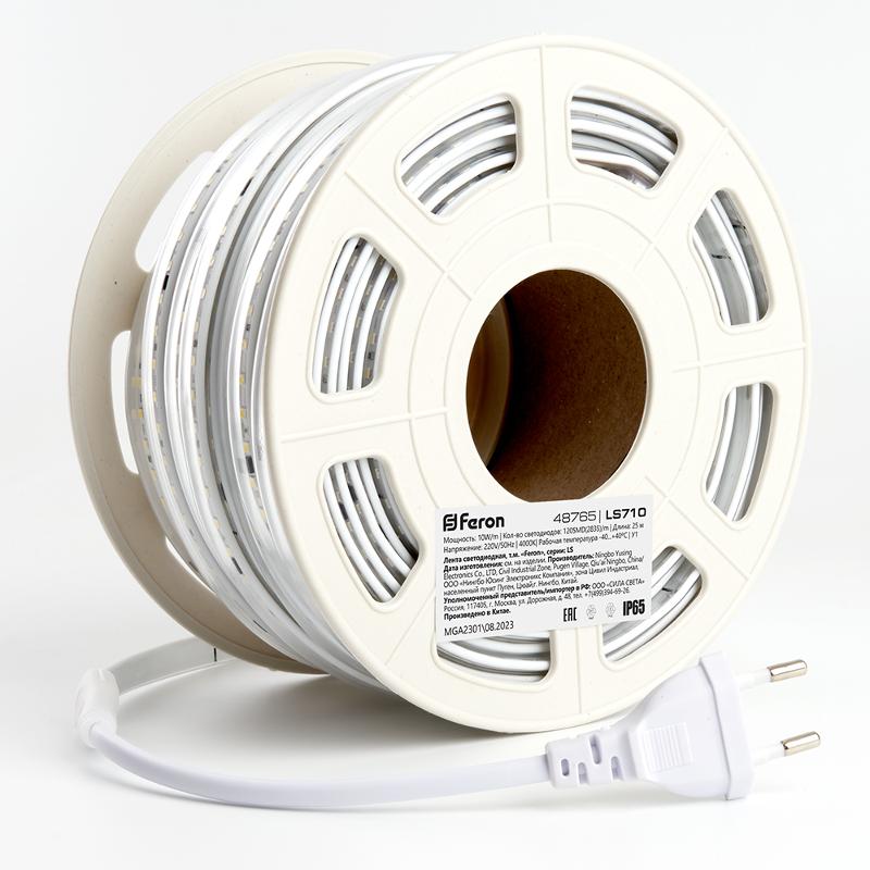Лента светодиодная, 120SMD(2835)/м 10Вт/м 220V длина 25м, 4000K, IP65, FERON LS710  с 1 сетевым шнуром, 2 заглушками, 2 коннекторами в комплекте | 487 — Feron