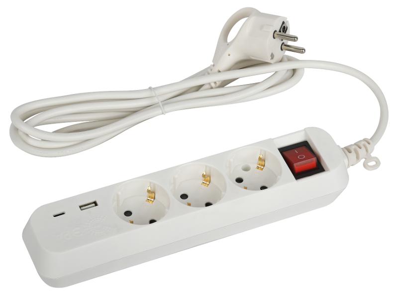 Удлинитель электрический  UB-3es-1,5m-USB c заземлением с выключателем 3 розетки + 1xUSBA+1xUSBC 1,5м 10А  | Б0052897 | ЭРА — миниатюра 1