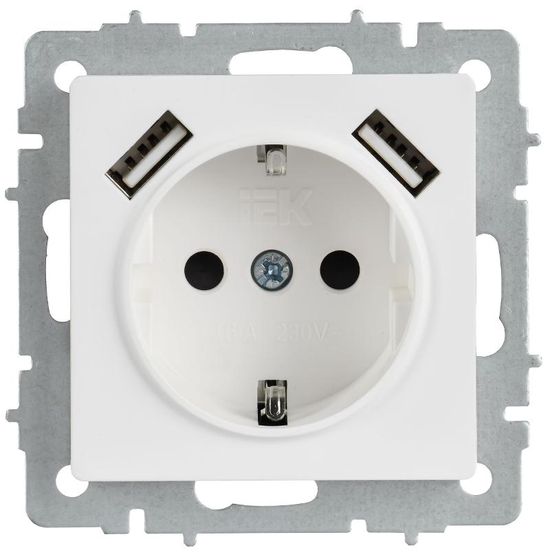 BRITE Розетка 1-местная с заземлением с защитными шторками 16А с USB A+A 5В 3,1А РЮш10-2-БрАБ арктический белый  | BR-R14-16-U21-D31-K91 | IEK — миниатюра 2
