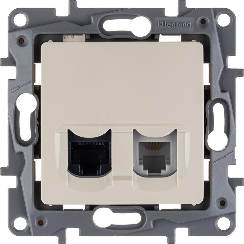 Etika Слоновая кость Розетка телефонная + компьютерная (RJ11+RJ45) 5 кат. UTP — миниатюра 5