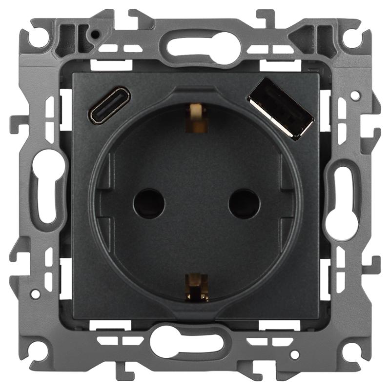 Розетка  Серия 12 12-4108-12 2P+E 16A-250В со шторками с USB type-A+C 5В-3А графит | Б0067700 | ЭРА — миниатюра 1