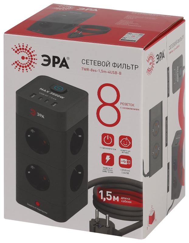 Сетевой фильтр ЭРА TWR-8es-1,5m-4USB-B башня с защитой заземлением с выключателем 8 розеток+4xUSBA+C 1,5м 16А черный | Б0069072 | ЭРА — миниатюра 2