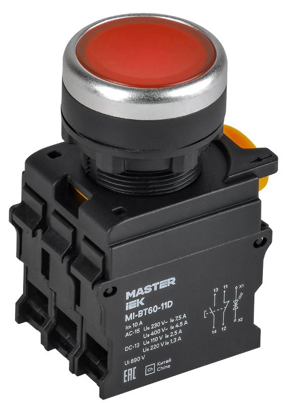 Кнопка с подсветкой d=22мм 1NO+1NC красная MASTER | MI-BT60-11D-3-12-K04 | IEK — IEK (ИЭК)