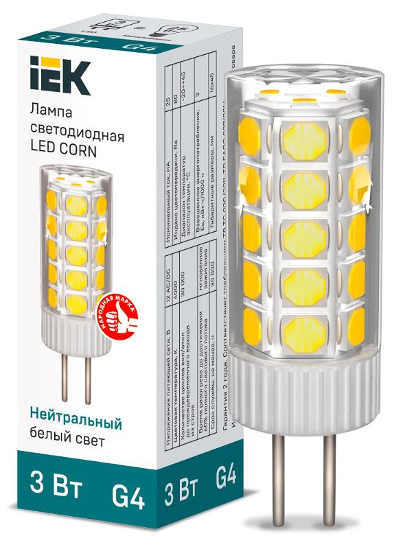 Лампа светодиодная CORN капсула 3Вт 12В 4000К керамика G4  | LLE-CORN-3-012-40-G4 | IEK — IEK (ИЭК)