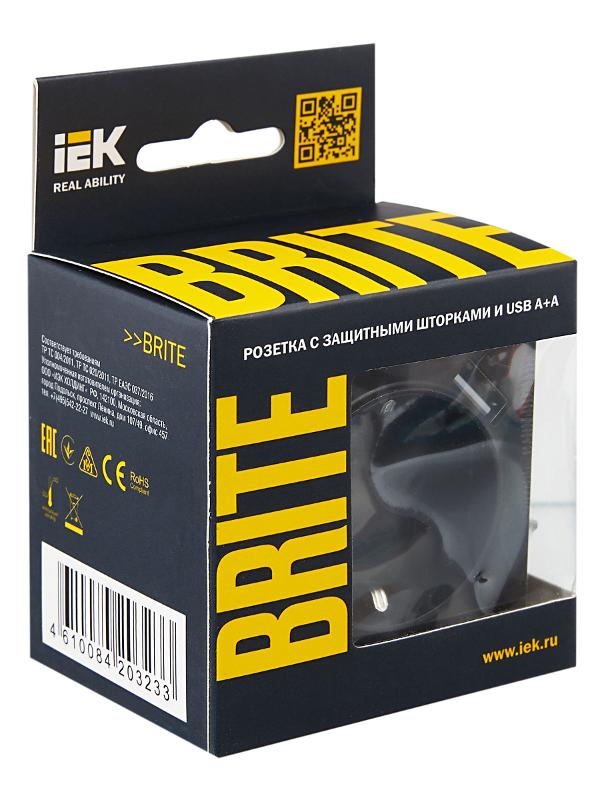 BRITE Розетка с заземлением со шторками 16А с USB A+A 2,1А РЮш10-1-БрЧ черный | BR-R14-16-U21-D21-K02 | IEK — миниатюра 7