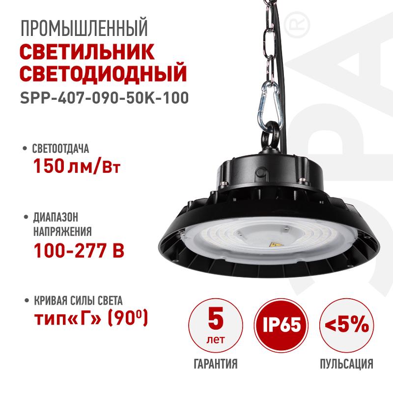 Светильник светодиодный подвесной  SPP-407-090-50K-100 100Вт 15000лм 5000K 80Ra Кп<5% КСС Г   5 лет гар. | Б0069333 | ЭРА — миниатюра 5