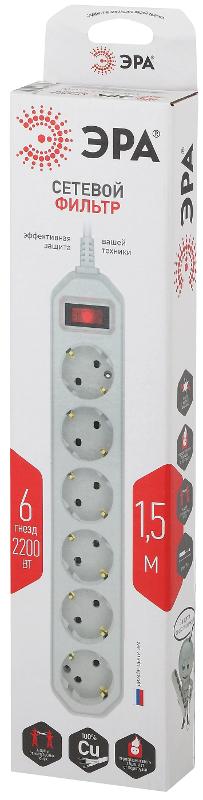 Сетевой фильтр USF-6es-1,5m-W-BOX Сет.фильтр базовая защита, с/з, с выкл, 6гн, 1,5м, ПВС, | Б0037260 | ЭРА — миниатюра 5