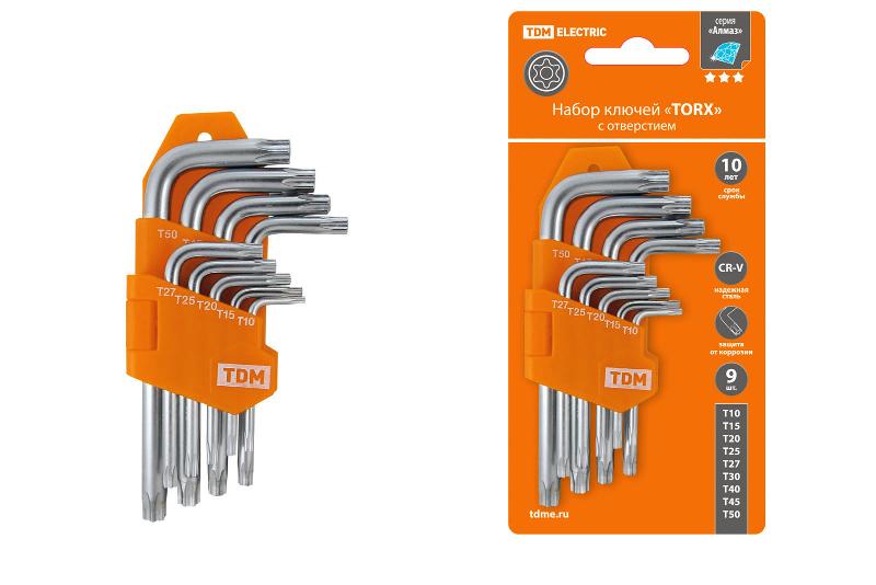 Набор ключей "TORX" с отверстием 9 шт: Т10-Т50 (держатель в блистере), CR-V сталь "Алмаз" | SQ1021-0102 | TDM — TDM ELECTRIC
