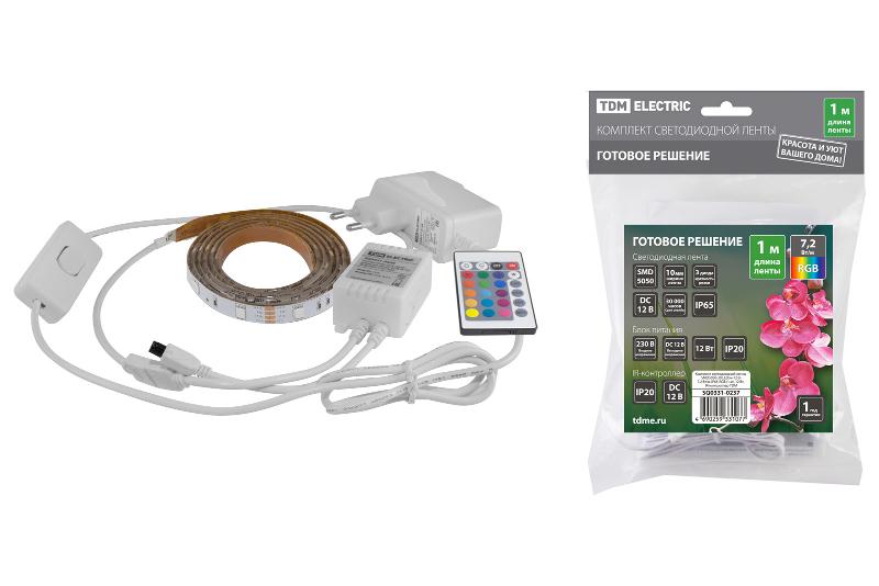 Комплект светодиодной ленты SMD5050-30 LED/м-12 В-7,2 Вт/м-IP65-RGB (1 м), 12 Вт, IR-контроллер  | SQ0331-0237 | TDM — фото 1 | Sento