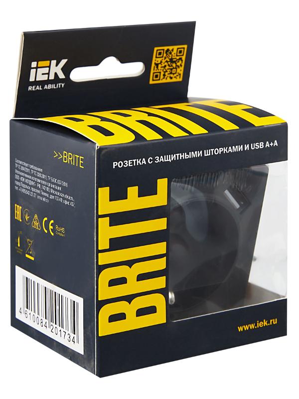 BRITE Розетка с заземлением со шторками 16А с USB A+A 2,1А РЮш10-1-БрГ графит | BR-R14-16-U21-D21-K53 | IEK — миниатюра 7