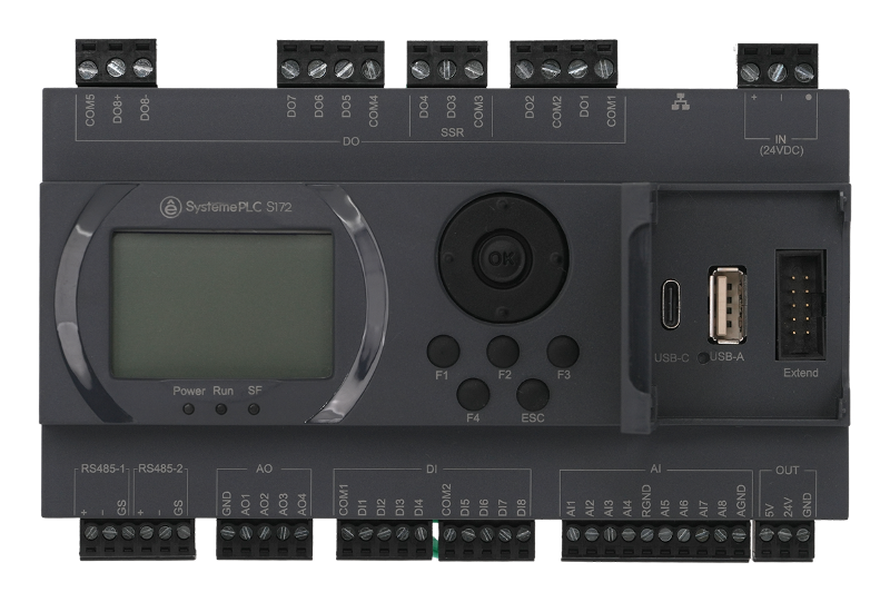 ПЛК S172; 24 VDC; дисплей; 28 IO: 8 DI, 8 DO (6 реле, 2 SSR), 8 AI, 4 AO, 2xRS485, 1xRJ45 | SM172PS11BDM | SE — миниатюра 3