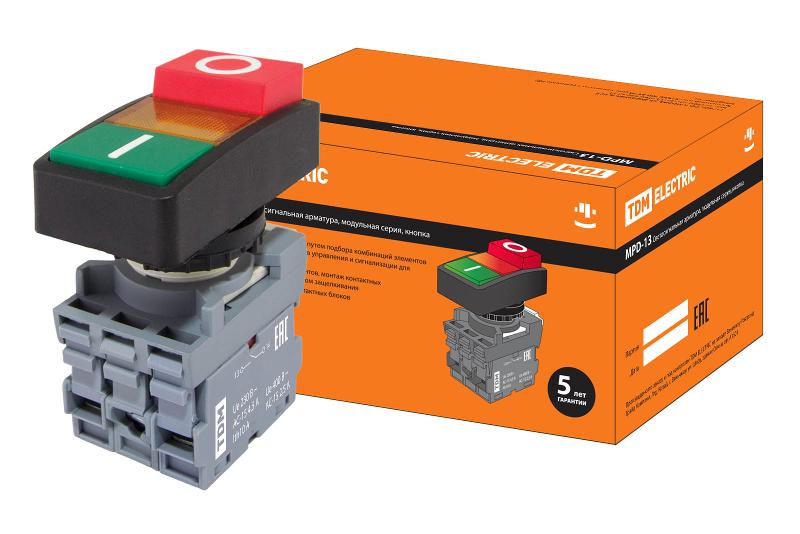Кнопка двойная MPD13-11Y (зеленая/красная-выступающая) (LED) d22мм/24В (I/O)  линза желтая | SQ0747-0041 | TDM — фото 1 | Sento