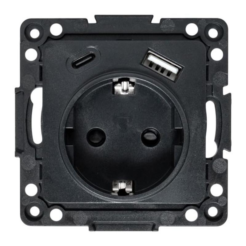 Стокгольм Механизм Розетки 1-местной с/з, USB A+C 16А винтовые клеммы черный с защ. штор. | EZR16-2USB-typeA-typeC | EKF — миниатюра 10