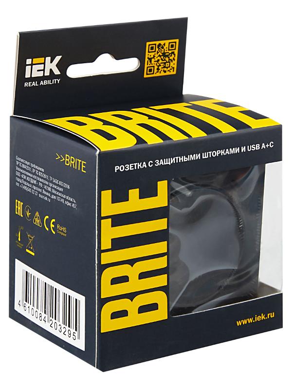 BRITE Розетка с заземлением со шторками 16А с USB A+C 18Вт РЮш11-1-БрЧ черный | BR-R14-16-U22-018-K02 | IEK — миниатюра 7