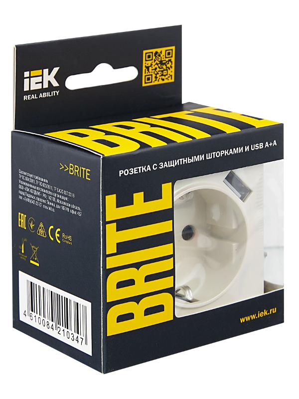 BRITE Розетка с заземлением со шторками 16А с USB A+A 3,1А РЮш10-2-БрЖ жемчужный | BR-R14-16-U21-D31-K36 | IEK — миниатюра 7